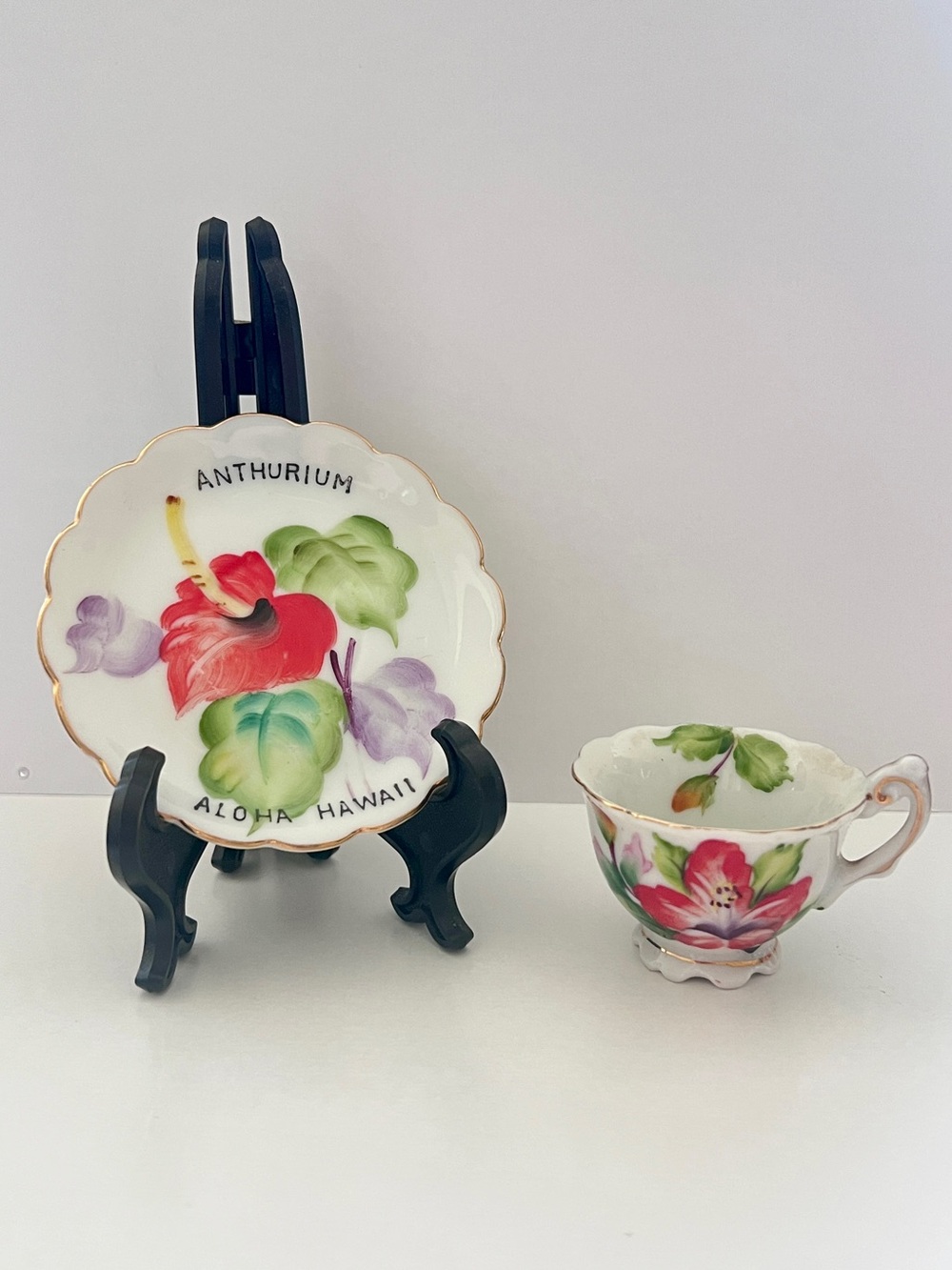 Vintage Hand-Painted Porcelain Hawaii Red Anthurium Mini Tea Cup & Saucer Set